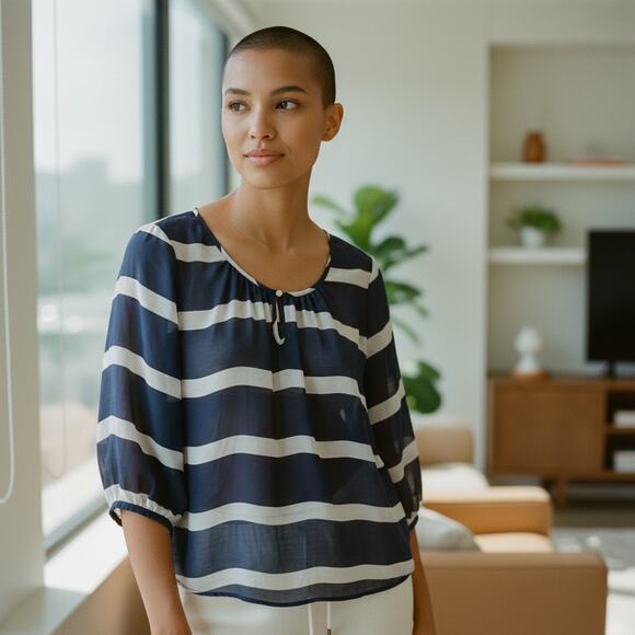 Banana Republic Navy White Stripe Scoop Neck Top Size S EUC ✨ - Picture 2 of 5